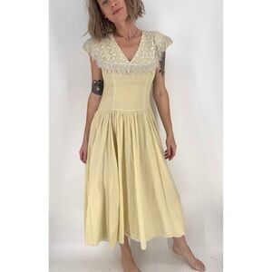Vintage 80s Scott McClintock Dress 4 Butter Yellow Prairie Romantic Lace Cottage